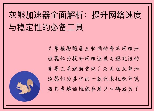 灰熊加速器全面解析：提升网络速度与稳定性的必备工具